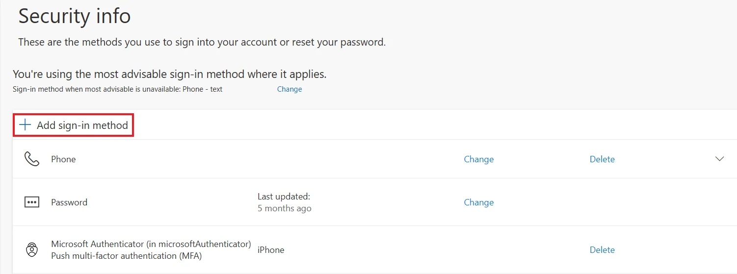 The Security info page with the Add sign-in method link outlined in red.