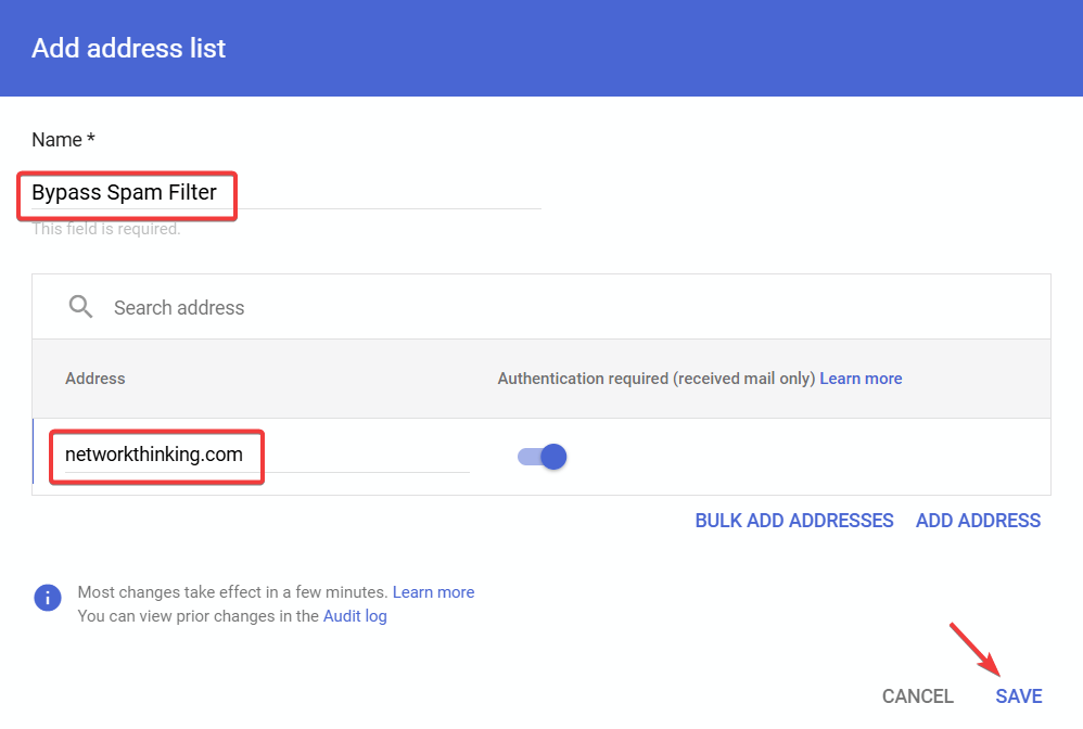 Adding networkthinking.com to address list with authentication enabled