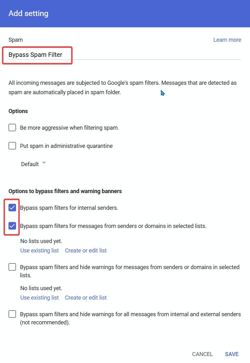 Bypass spam filters checkbox option