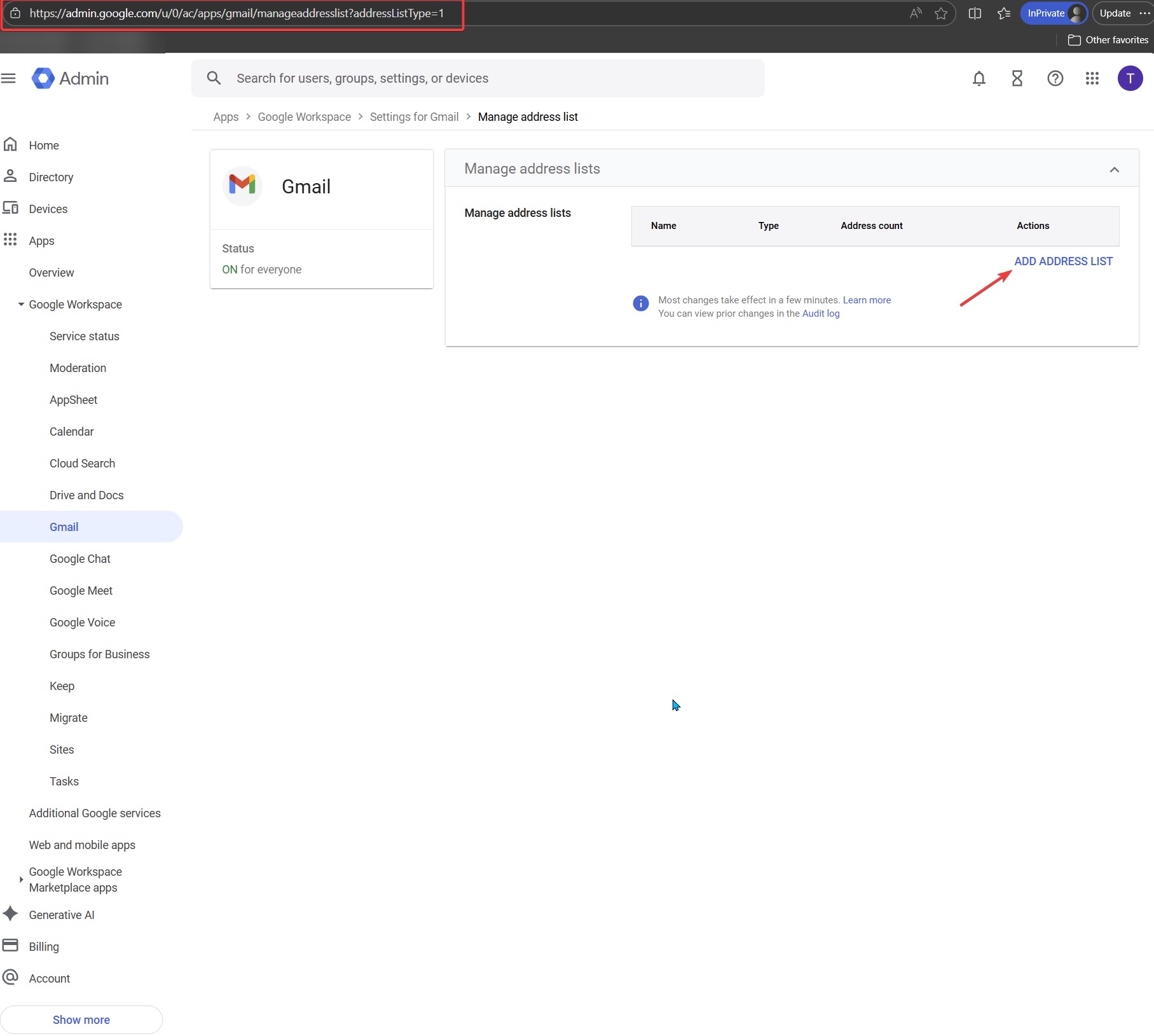 Manage address lists page