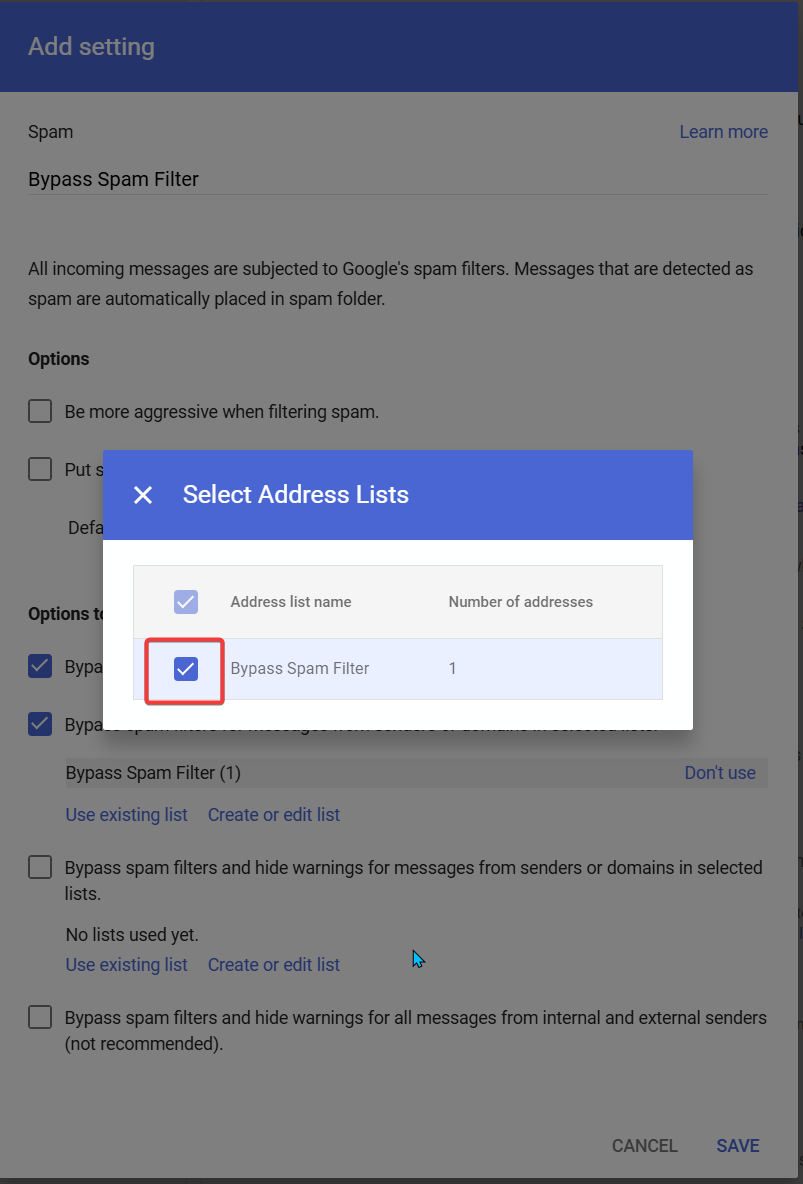 Selecting the Bypass Spam Filter address list