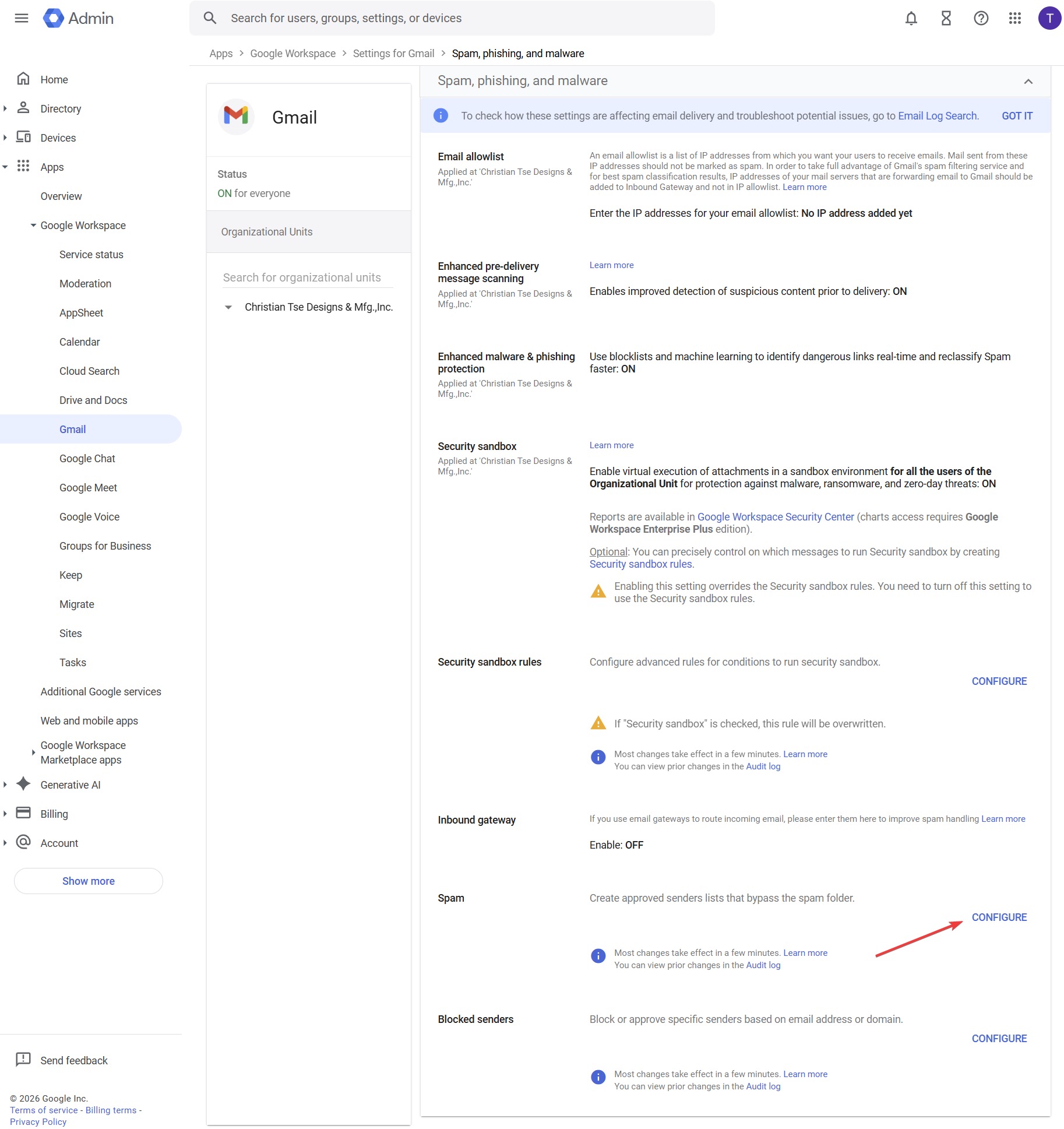 Google Workspace Gmail spam settings location
