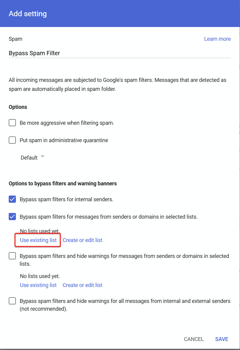 Use existing list option